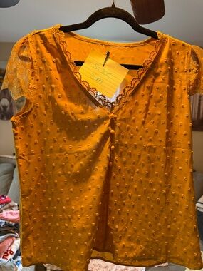 SHEIN Mustard Yellow Swiss Dot Lace Trim Blouse